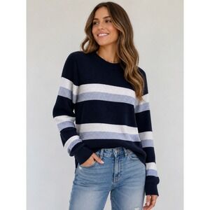 COS Regular Fit Waffle Knit Sweater Navy‎ Blue Grey Stripe Crewneck Pullover S